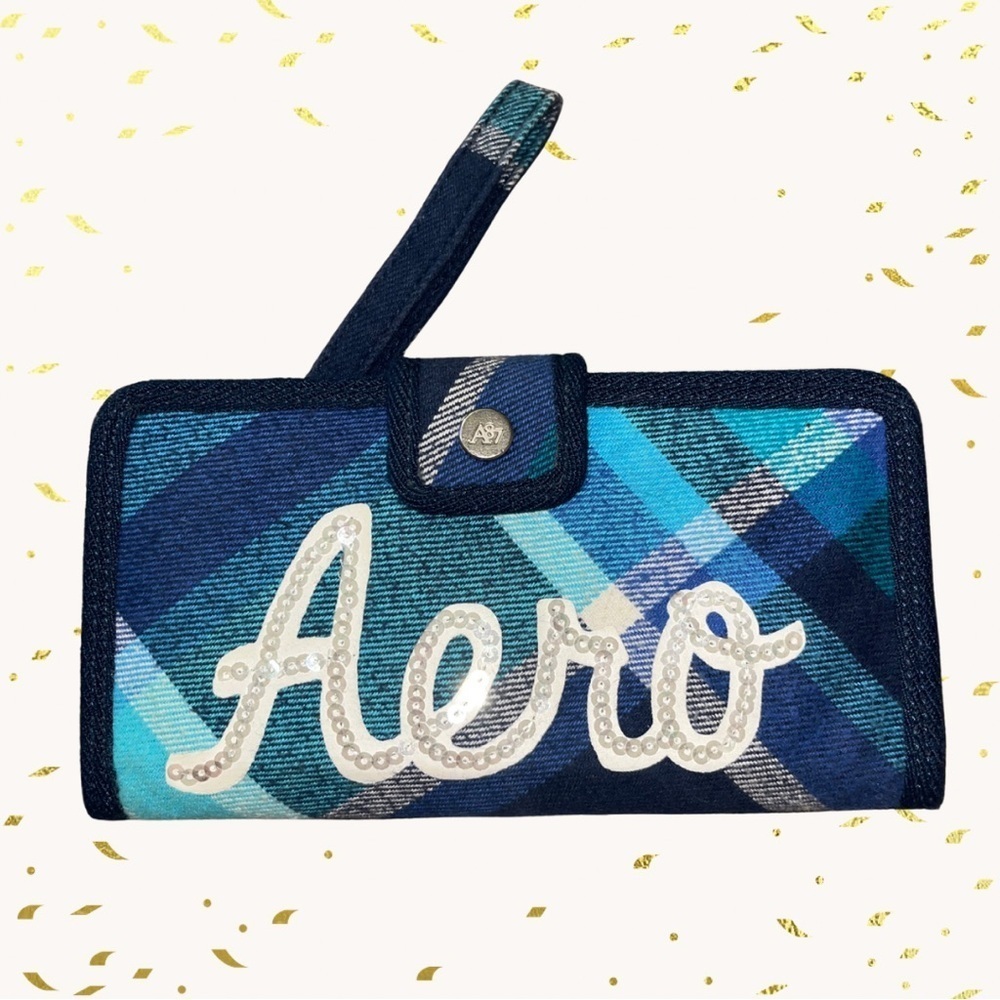 Aeropostale blue plaid wristlet wallet with a sequined "Aero" logo